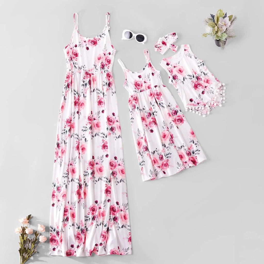 Family Matching Dresses White Baby Girl 6-9 Months Floral Print Matching White Sling Maxi Dresses,Clearance