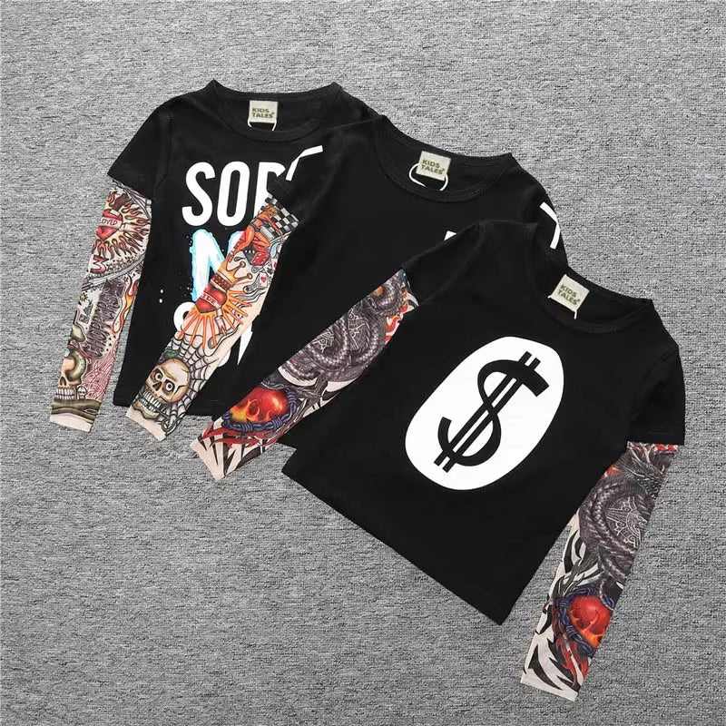 Novelty Tattoo Long Sleeve Children T-Shirts Cotton Boys T Shirt Kids Tshirt Autumn Kids Girls Tops 2-7Years Children Clothes
