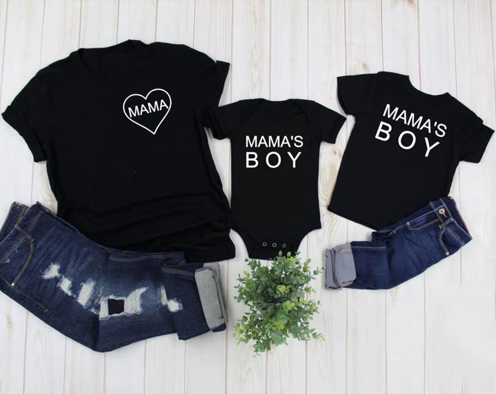 Mama and Mama'S Boy Print Mom and Son Matching Short Sleeve T-Shirt Mommy and Me Family Clothes Baby Romper Kids T Shirts Tee