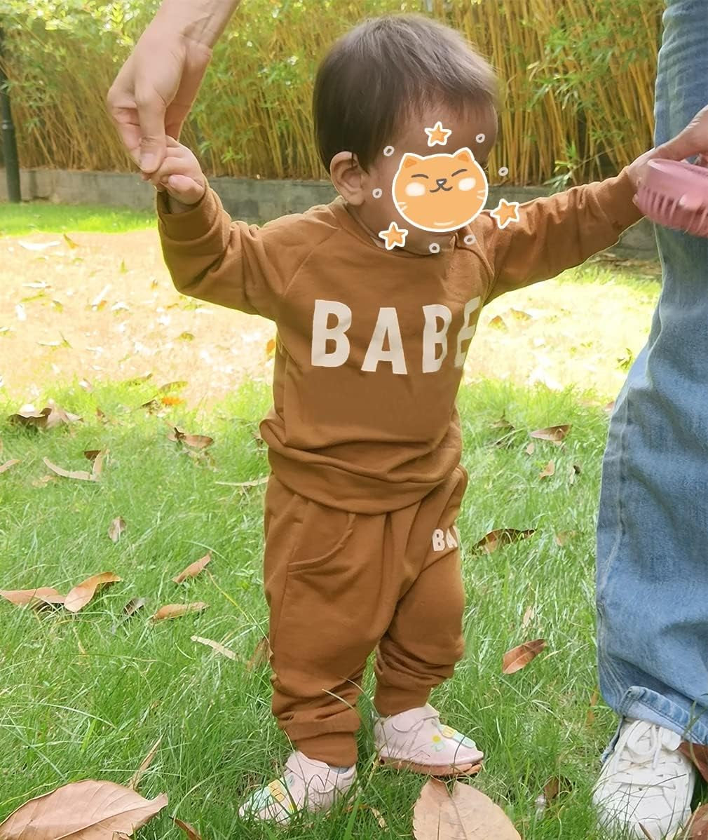 Toddler Girls Clothes Winter Warm Long Sleeve Tops Long Pants Suit Kids Soft Cotton 2Pcs Set (Brown-Babe, 6-12Months)